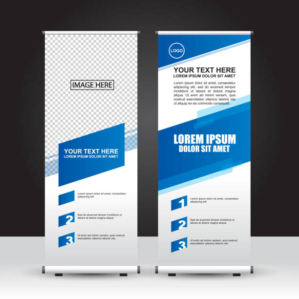 illustrazioni stock, clip art, cartoni animati e icone di tendenza di modello di banner roll up a tema blu. disegno vettoriale - banner roll up