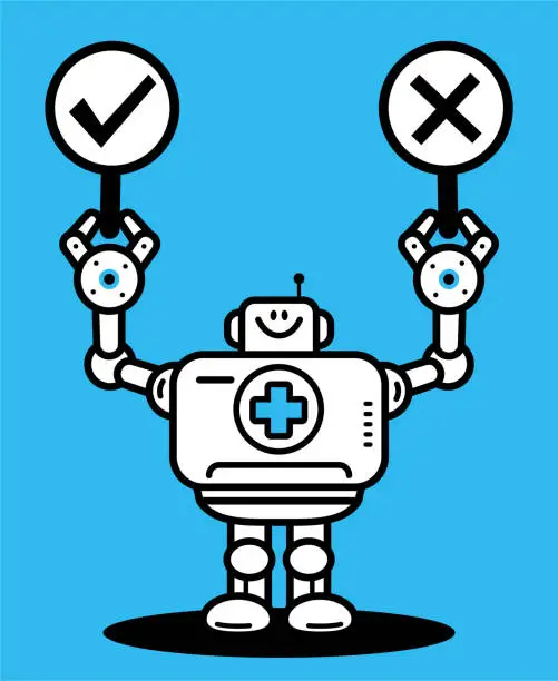 Vector illustration of An Artificial Intelligence Robot Doctor holding Right and Wrong Signs, true-false questions, and yes-no questions