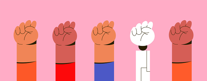 Fists raised up with prosthetic arm. Development of inclusiveness in society. Сommunity of friends with limited opportunities and AI Robot. Flat vector illustration.