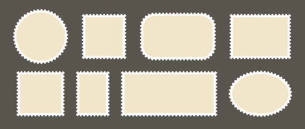 Postage stamp set. Post stamp frames and borders. Beige square and rectangular template for mail, postcard, letter. Jagged wavy edge forms. Vintage objects for poster, banner, badge, sticker. Vector