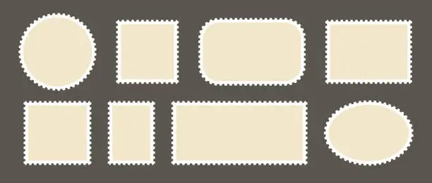 Vector illustration of Postage stamp set. Post stamp frames and borders. Beige square and rectangular template for mail, postcard, letter. Jagged wavy edge forms. Vintage objects for poster, banner, badge, sticker. Vector