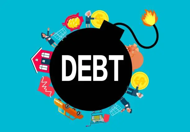 Vector illustration of Overconsumption, heavy debt, loans or family budget, economic crisis, debt crisis, group of businessmen operating on a debt bomb