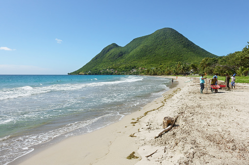 Martinique, Le Diamant - Novembre 28, 2023: Sanitation workers picking up drifywoods and debris on the tropical beach of Le Diamant with the Morne Larcher mountain in background on a clear sunny morning.
