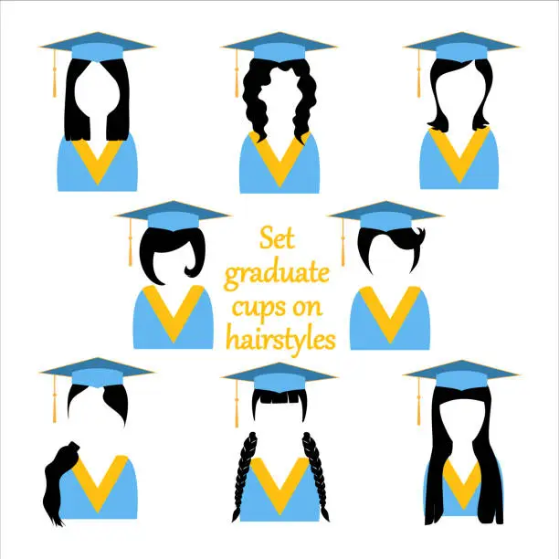 Vector illustration of Girls avatars with black hair silhouettes and graduation ceremonial clothing set. Vector academic clothes student caps and mantles, isolated on white