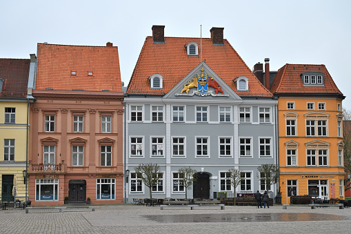 Stralsund, Germany - April 14, 2023: Typical architecture at old town of Stralsund. The historic Stralsund old town island is a UNESCO World Heritage Site