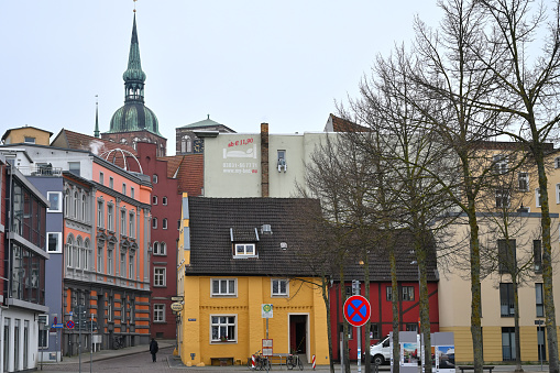 Stralsund, Germany - April 14, 2023: Typical architecture at old town of Stralsund. The historic Stralsund old town island is a UNESCO World Heritage Site