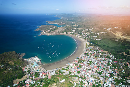 Aerial view of San Juan Del Sur coast with hills and beaches