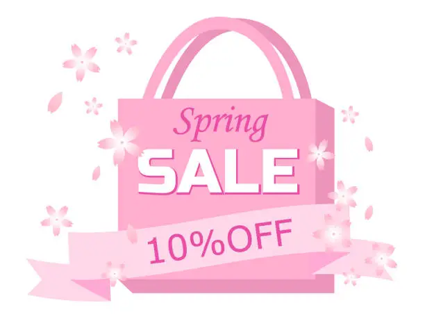 Vector illustration of spring sale 10%off cherry blossoms and shopping bag