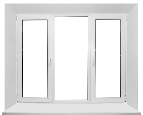 Real modern white plastic window frame with sill isolated on white background