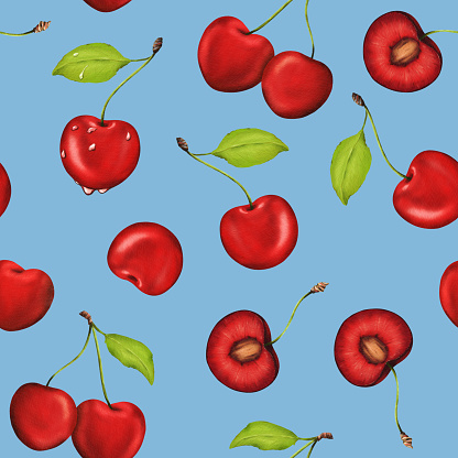 watercolor illustration seamless pattern adorned with plump, succulent cherries. Ideal for kitchen decor, recipes, textiles, jam labels, aprons, packaging, juices, cherry confections, and gum wrappers.