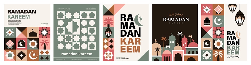 Set of Ramadan Kareem vector illustration in flat geometric style design for poster, greeting card, banner and cover.