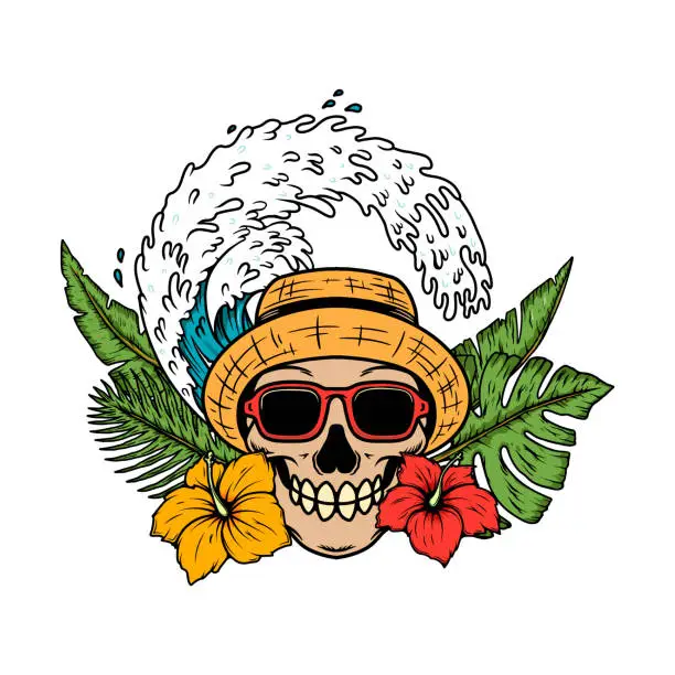 Vector illustration of Illustration of skull in sunglasses, straw hat. Summer flowers and palm leaves. Summer theme. Vector illustration