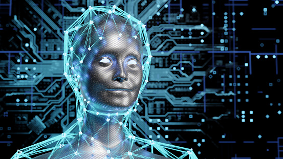 Artificial Intelligence, Technology, Robot, Data Science, Quantum Computing concept. Abstract robotic female face and glowing digital elements on the background