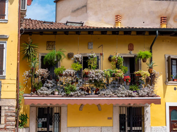 Balcony with many plants and flowers in Verona, Italy. Verona is known for balconies. Romeo and Juliet was situated in this town.