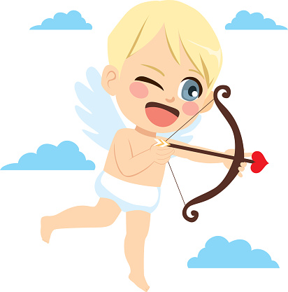 Little cute cupid angel holding bow and heart arrow ready to aim and shoot