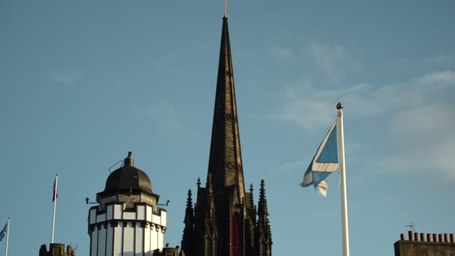 Scottish flag, St Andrew's Cross waving in the wind in Edinburgh city centre
