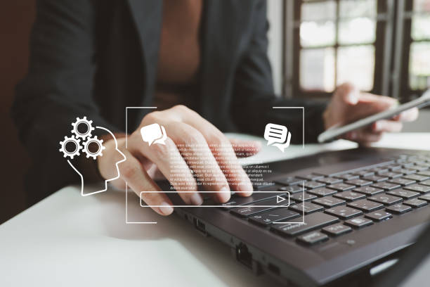 istock AI technology, Artificial Intelligence, Chat and talk with AI, Using laptop for search and find data by command prompt, robot learning machine create or generate picture or article auto 1944167151