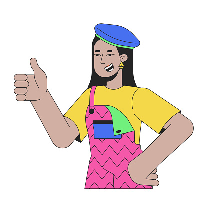 Arab funky girl showing thumb up 2D linear cartoon character. Young adult female wearing 80s retro outfit isolated line vector person white background. Nostalgia gesture color flat spot illustration
