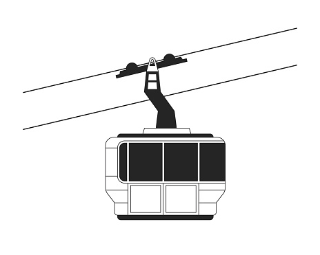 Gondola ski lift riding black and white 2D line cartoon object. Cabin cableway isolated vector outline item. Aerial skilift. Ski resort transportation ropeway monochromatic flat spot illustration