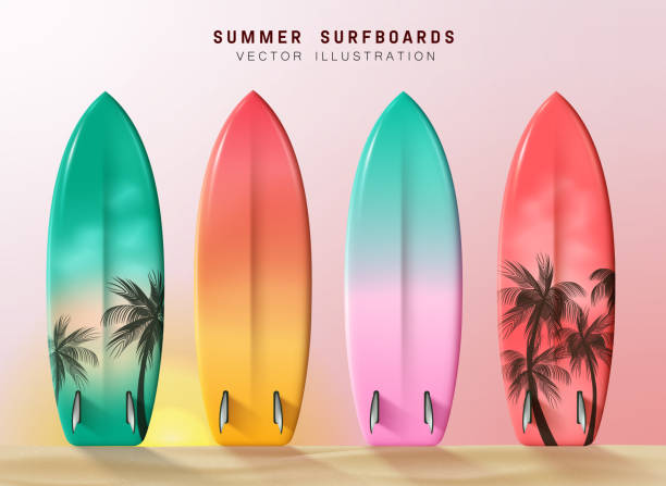 Summer surfboard elements vector set design. Surfboards in pastel color collection with palm tree decoration Summer surfboard elements vector set design. Surfboards in pastel color collection with palm tree decoration for vacation surfing activity. Vector illustration summer surfboard collection. surf boards stock illustrations