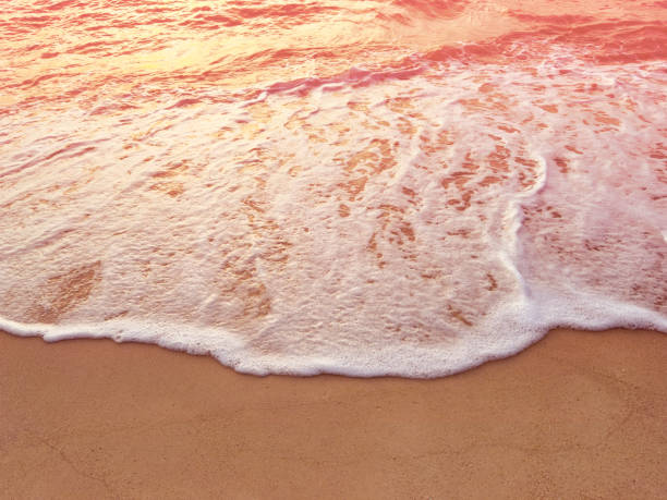 Sunset scene with wave water in the Tropical summer beach with  sandy beach background
