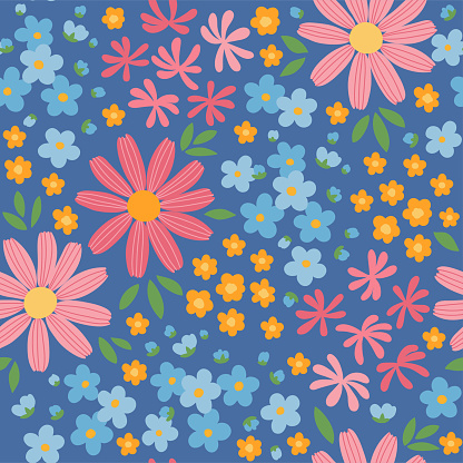 Seamless pattern of tiny stylized doodle blue flowers forget-me-nots and pink chamomiles on blue background
