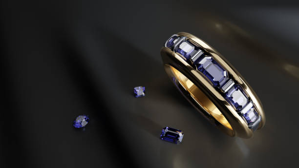 Gold diamond ring with blue diamonds on a black fabric background. 3D render design.