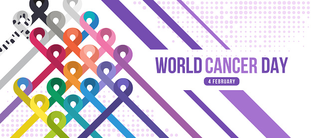 World cancer day text and set of ribbons of different colors against cancer cross to cross on dot texture background vector design