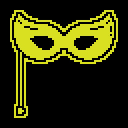 Pixel silhouette icon. Theatrical female mask. Venetian carnival eye mask. Simple black and yellow vector isolated