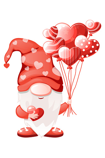 Cute Valentine gnome with heart-shaped balloon. Vector illustration for St. Valentine s Day.