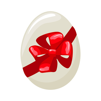 Easter egg with bow. Easter greetings card with egg and red ribbon. Vector image. Happy Easter.