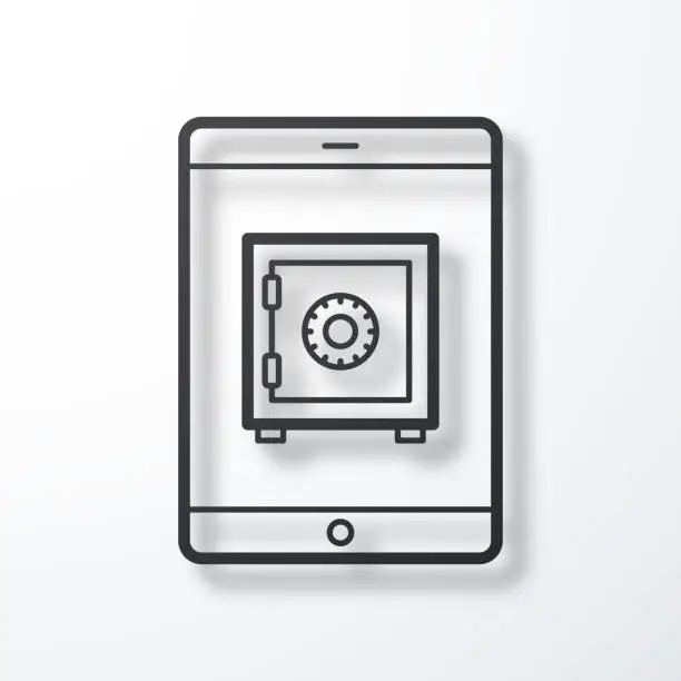 Vector illustration of Tablet PC with safe box. Line icon with shadow on white background