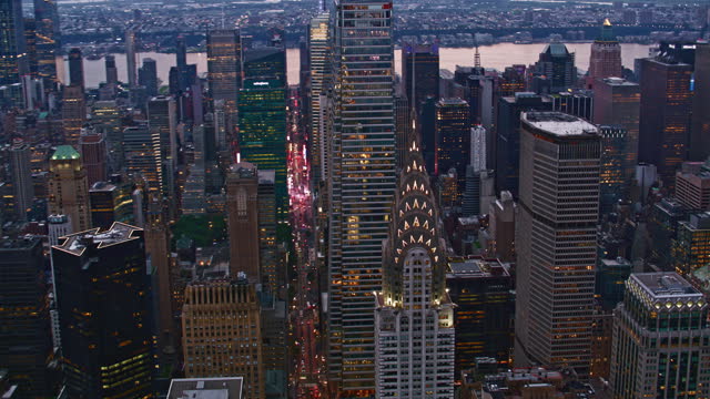AERIAL Chrysler Building in Manhattan, NYC in the evening