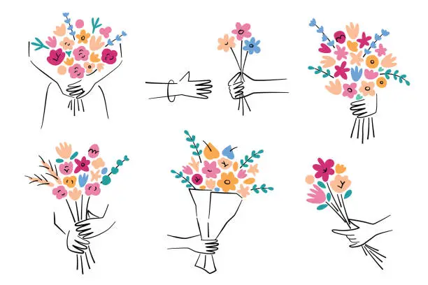 Vector illustration of Hands with flower bouquets, flowers hand drawn collection, roses and tulips doodle icons, vector illustrations of floral arrangements in human hands, presents for birthday,