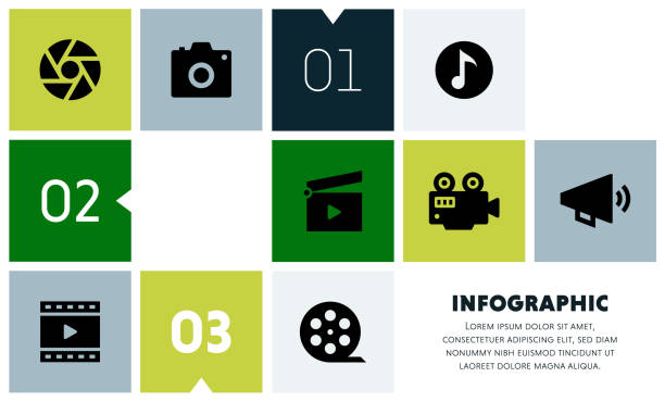 filmschritte infografik-design - filmklappe grafiken stock-grafiken, -clipart, -cartoons und -symbole