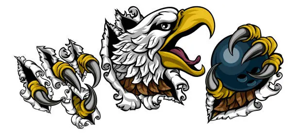 Vector illustration of Bald Eagle Hawk Ripping Bowling Ball Mascot