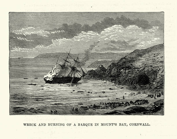 istock Ship wreck and burning of a barque in Mount's Bay Cornwall, 1881, 19th Century 1944370214