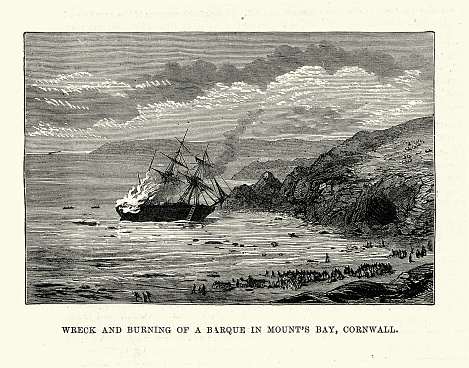 Vintage illustration Ship wreck and burning of a barque in Mount's Bay Cornwall, 1881, 19th Century
