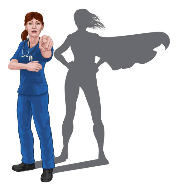 illustrations, cliparts, dessins animés et icônes de nurse doctor woman super hero shadow pointing - male nurse nurse scrubs white background