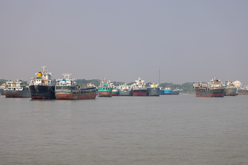Lighter ships waiting for loading and unloading.this photo was taken from mongla port,Khulna,Bangladesh.
