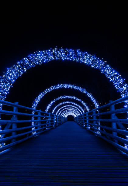 A blue-illuminated bridge leading to the entrance