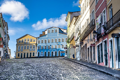 Salvador, Brazil - Dec 31, 2023: Colorful colonial houses at the historic district of Pelourinho and Santo Antonio in Salvador da Bahia, Brazil.