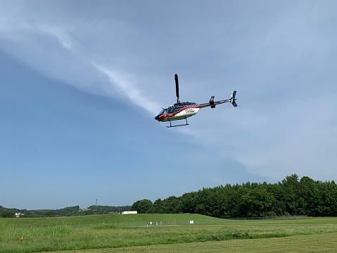 Van Buren, United States – July 31, 2021: The Air Evac Lifeteam Helicopter landing in Van Buren, Arkansas