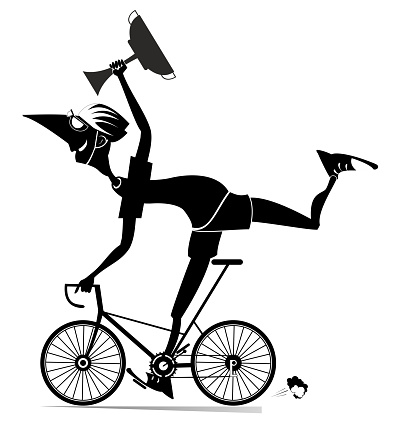 Smiling man in helmet rides a bike and finishes with a winner cup in the hand. Black and white illustration