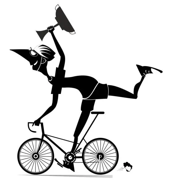 Vector illustration of Cartoon man rides a bike and wins the race