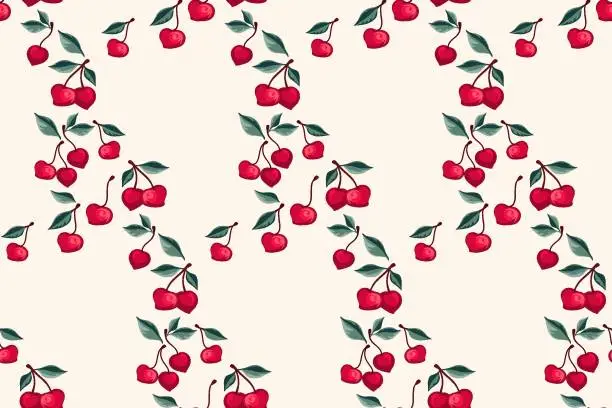 Vector illustration of Seamless artistic stylized cherries pattern. Summer berries, fruits, leaves, background. Vector hand drawn abstract, simple cherry. Design ornament for fabric, interior decor, textile, wallpaper