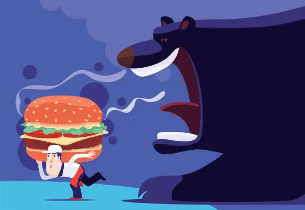 Vector illustration of hungry bear chasing waiter who carrying big hamburger