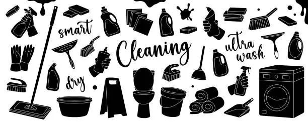 Vector illustration of Housekeeping set. Floor mop, bucket, plunger, scoop, sponges, washcloths, brushes, toilet cleaners, towels, rags, gloves. Cleaning service tools.