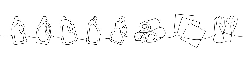 Cleaning set one line continuous drawing. Toilet cleaners, towels, rags, gloves continuous one line illustration. Vector linear illustration. Isolated on white background