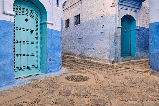 Blue city street in Chefchaouen, Morocco, Africa.